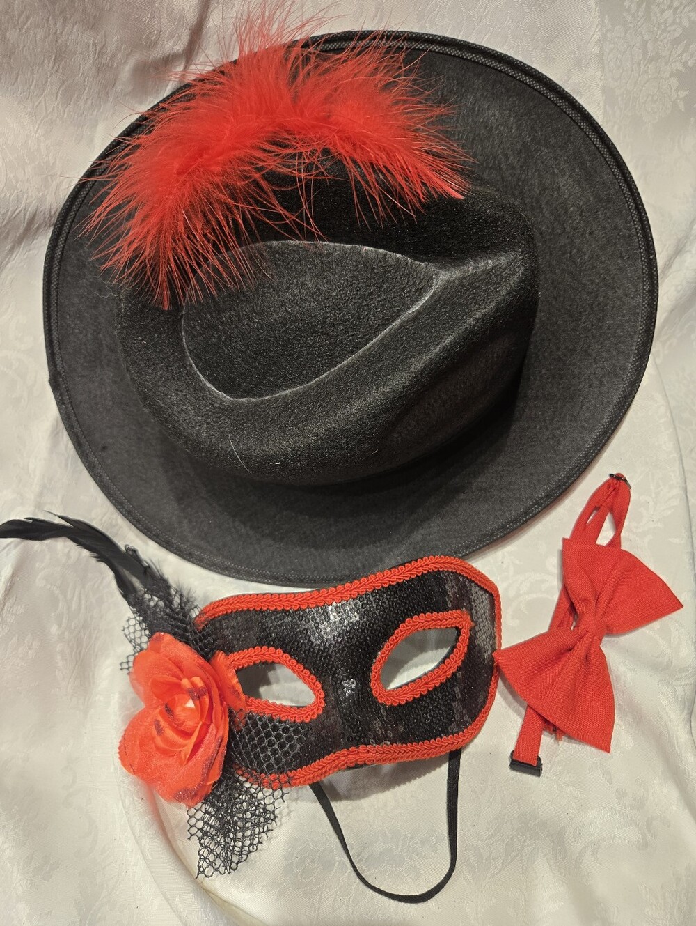 Black Fedora Hat with Red Feather & Red Mask Set - Women Accessories